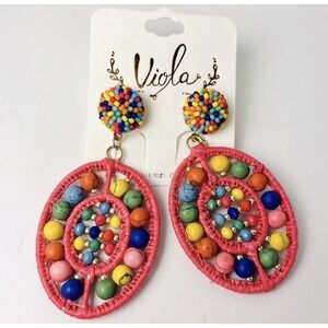 Viola Beaded Stone Raffia Dangle‎ Earrings Pink Colorful Multicolored Boho